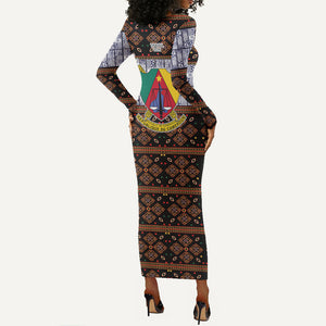 Cameroon Toghu Long Sleeve Bodycon Dress Flag Coat Of Arms - Traditional Bamenda Art