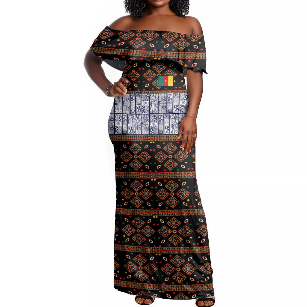Cameroon Toghu Off Shoulder Maxi Dress Flag Coat Of Arms - Traditional Bamenda Art