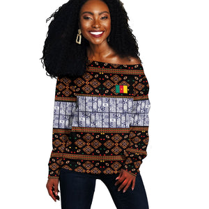 Cameroon Toghu Off Shoulder Sweater Flag Coat Of Arms - Traditional Bamenda Art