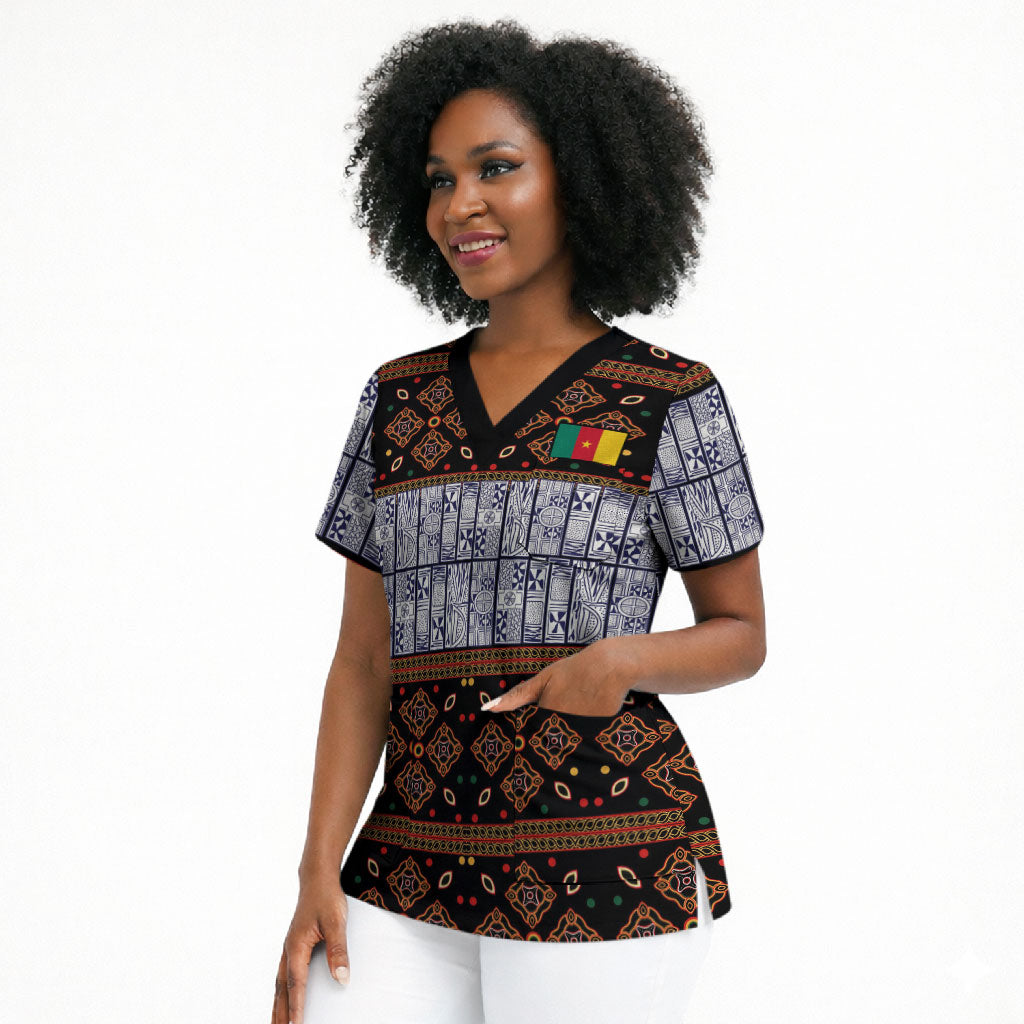 Cameroon Toghu Scrub Top Flag Coat Of Arms - Traditional Bamenda Art