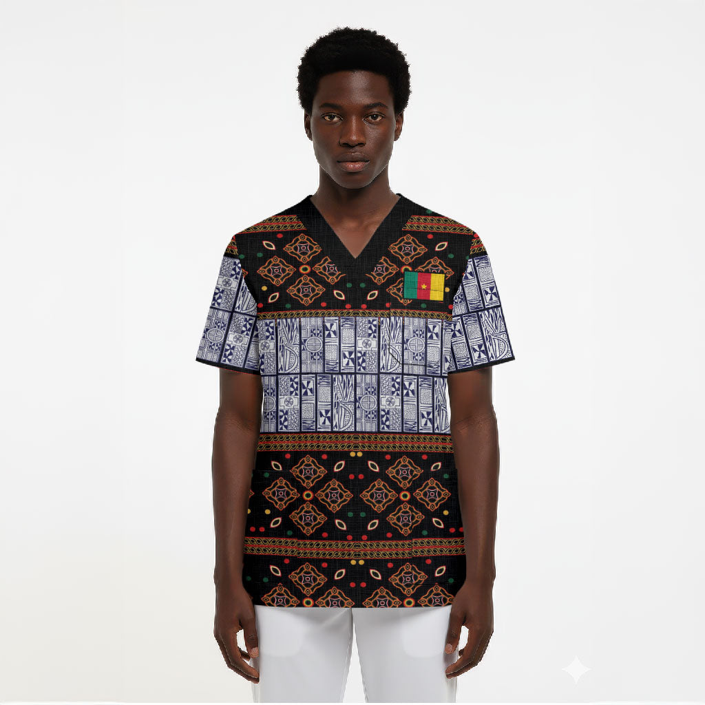 Cameroon Toghu Scrub Top Flag Coat Of Arms - Traditional Bamenda Art