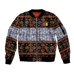 Cameroon Toghu Sleeve Zip Bomber Jacket Flag Coat Of Arms - Traditional Bamenda Art