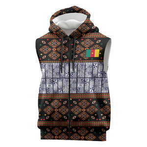 Cameroon Toghu Sleeveless Zip Hoodie Flag Coat Of Arms - Traditional Bamenda Art