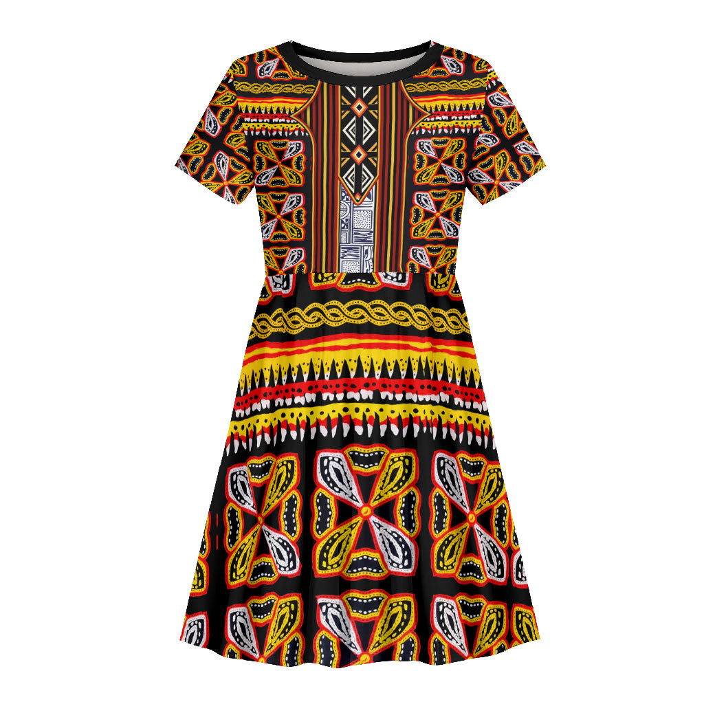 Cameroon Toghu Kid Short Sleeve Dress Vibrant Bamenda Tribal - Authentic African Folk Art