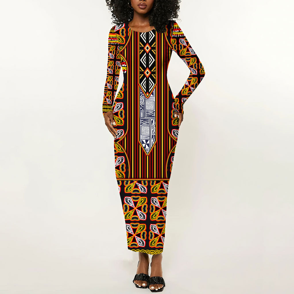 Cameroon Toghu Long Sleeve Bodycon Dress Vibrant Bamenda Tribal - Authentic African Folk Art