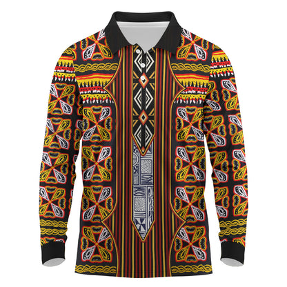 Cameroon Toghu Long Sleeve Polo Shirt Vibrant Bamenda Tribal - Authentic African Folk Art