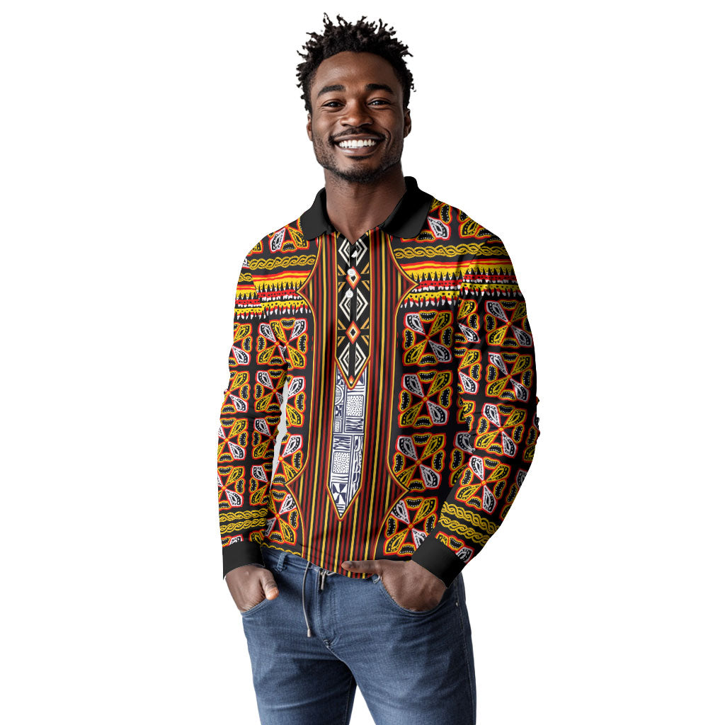 Cameroon Toghu Long Sleeve Polo Shirt Vibrant Bamenda Tribal - Authentic African Folk Art