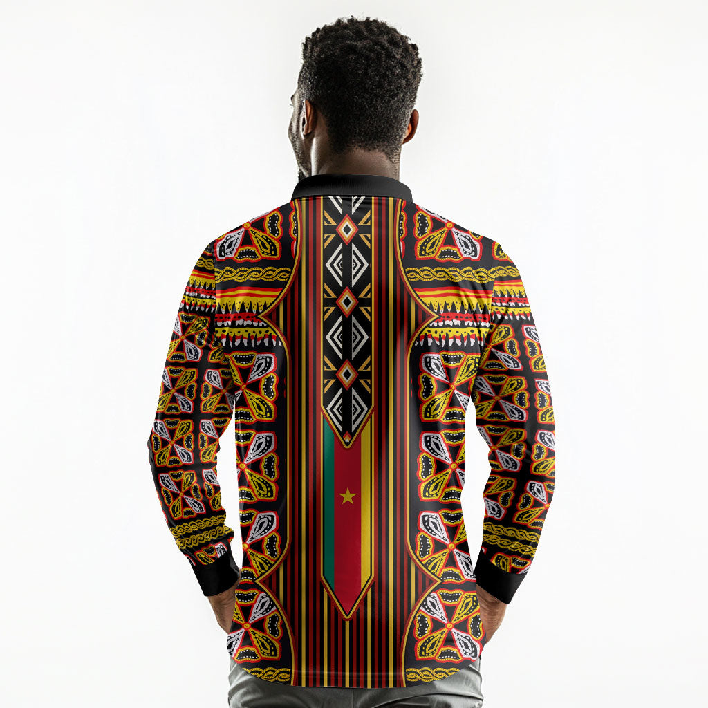 Cameroon Toghu Long Sleeve Polo Shirt Vibrant Bamenda Tribal - Authentic African Folk Art