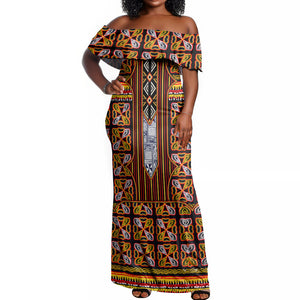 Cameroon Toghu Off Shoulder Maxi Dress Vibrant Bamenda Tribal - Authentic African Folk Art