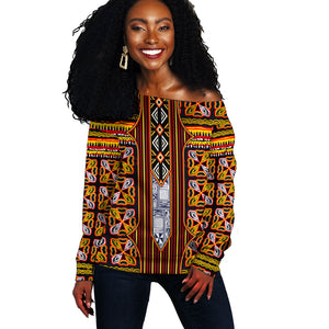 Cameroon Toghu Off Shoulder Sweater Vibrant Bamenda Tribal - Authentic African Folk Art