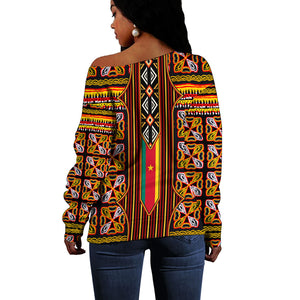Cameroon Toghu Off Shoulder Sweater Vibrant Bamenda Tribal - Authentic African Folk Art