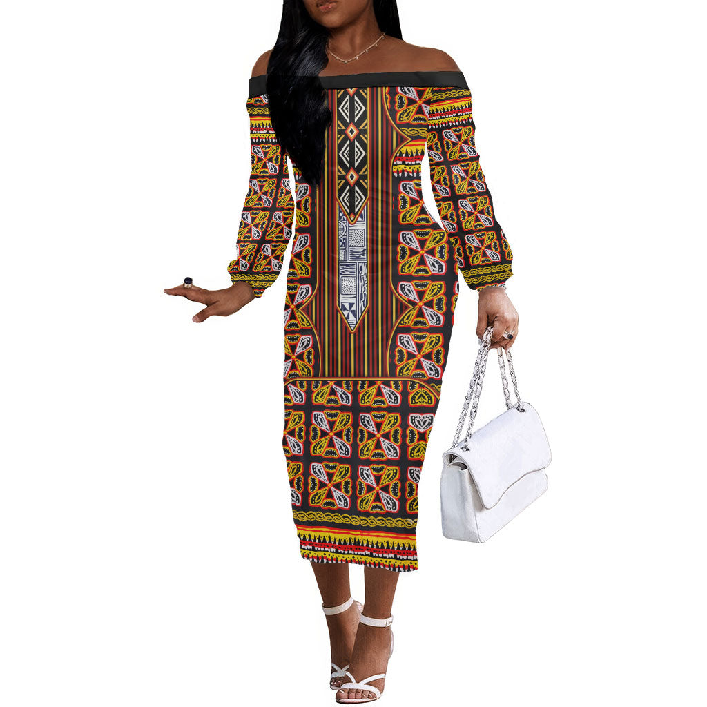 Cameroon Toghu Off The Shoulder Long Sleeve Dress Vibrant Bamenda Tribal - Authentic African Folk Art