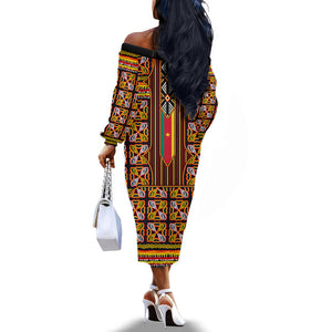 Cameroon Toghu Off The Shoulder Long Sleeve Dress Vibrant Bamenda Tribal - Authentic African Folk Art