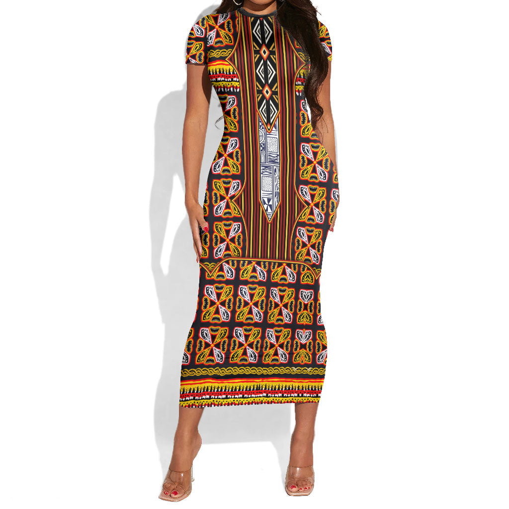 Cameroon Toghu Short Sleeve Bodycon Dress Vibrant Bamenda Tribal - Authentic African Folk Art