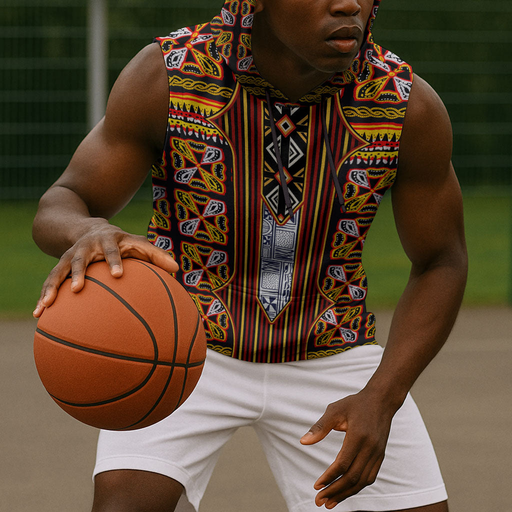 Cameroon Toghu Sleeveless Hoodie Vibrant Bamenda Tribal - Authentic African Folk Art