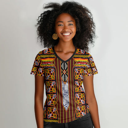 Cameroon Toghu Women V-Neck T-Shirt Vibrant Bamenda Tribal - Authentic African Folk Art