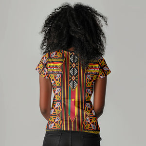 Cameroon Toghu Women V-Neck T-Shirt Vibrant Bamenda Tribal - Authentic African Folk Art