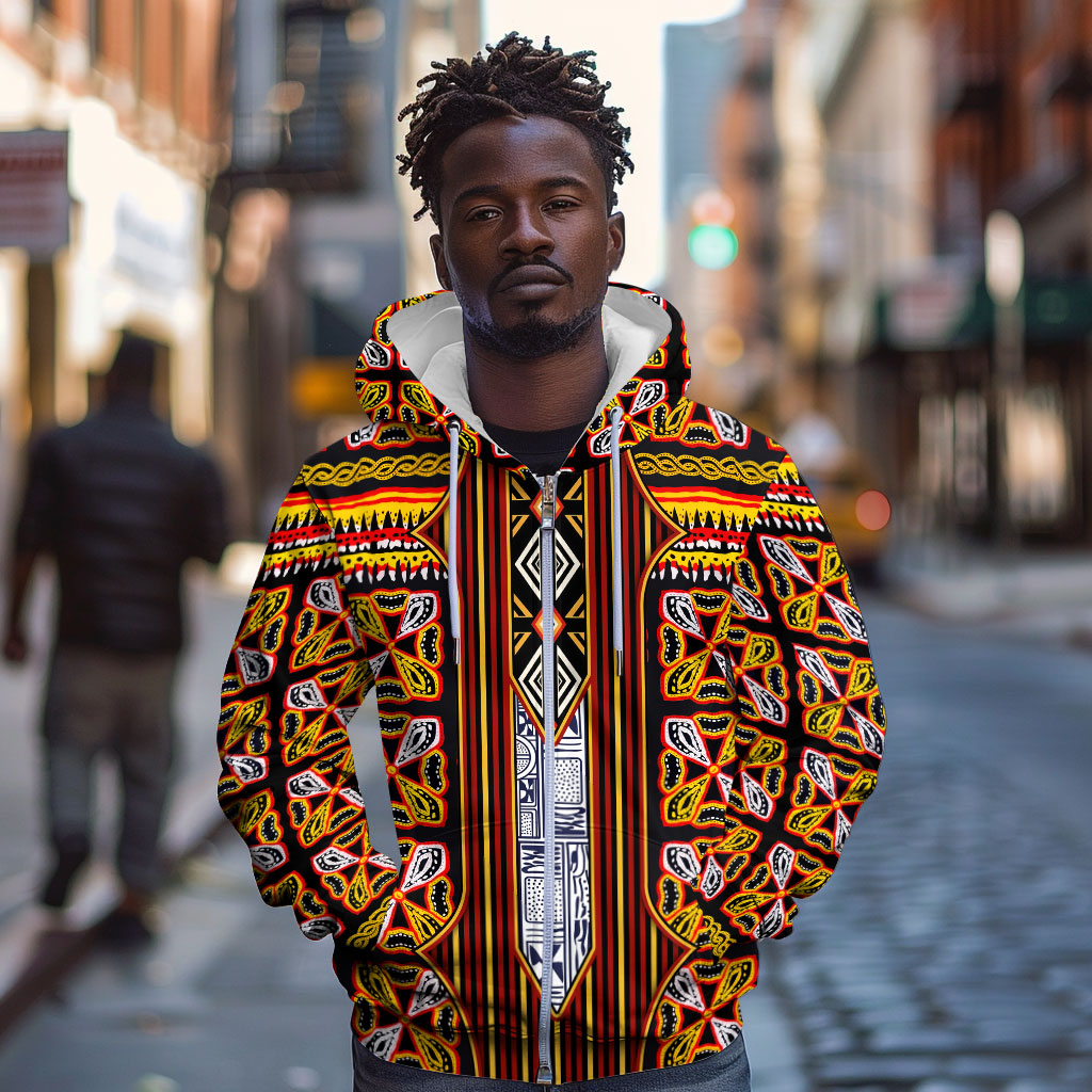 Cameroon Toghu Zip Hoodie Vibrant Bamenda Tribal - Authentic African Folk Art