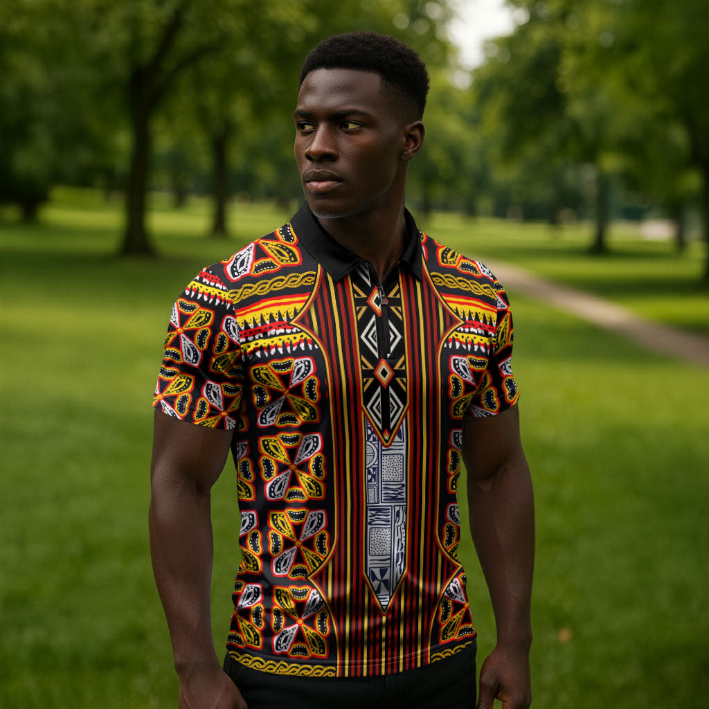 Cameroon Toghu Zipper Polo Shirt Vibrant Bamenda Tribal - Authentic African Folk Art