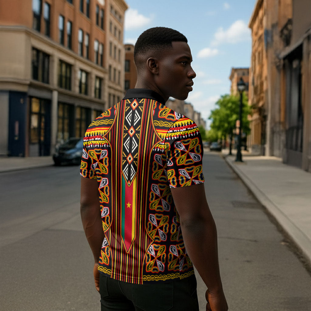 Cameroon Toghu Zipper Polo Shirt Vibrant Bamenda Tribal - Authentic African Folk Art