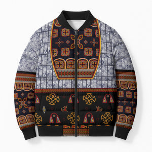 Cameroon Toghu Ethnic Heritage Bomber Puffer Jacket Traditional Bamenda Embroidery Style - African Tribal Motifs