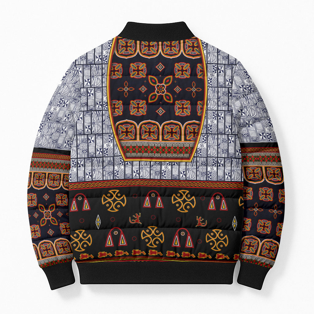 Cameroon Toghu Ethnic Heritage Bomber Puffer Jacket Traditional Bamenda Embroidery Style - African Tribal Motifs