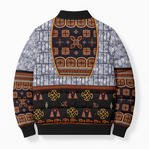Cameroon Toghu Ethnic Heritage Bomber Puffer Jacket Traditional Bamenda Embroidery Style - African Tribal Motifs