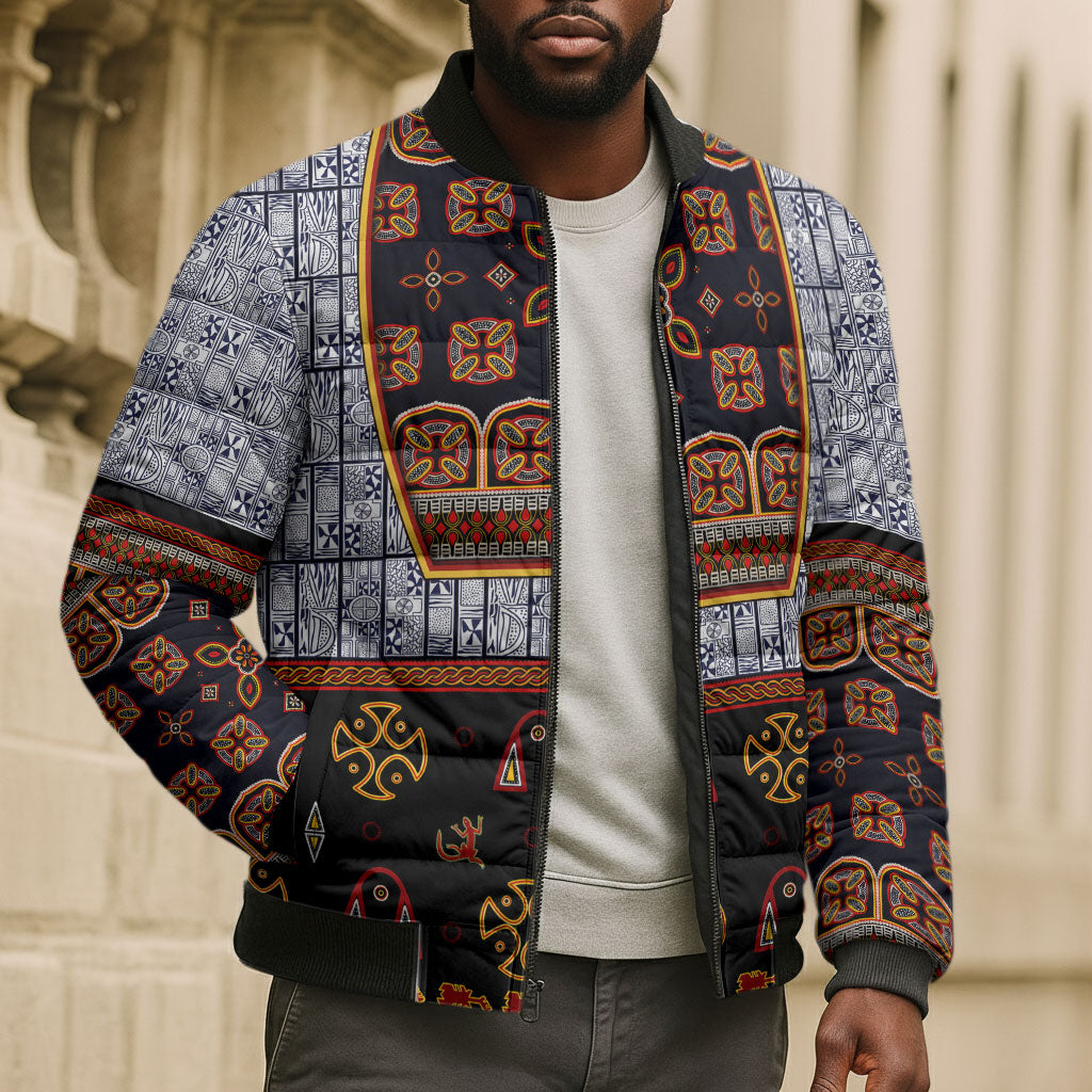 Cameroon Toghu Ethnic Heritage Bomber Puffer Jacket Traditional Bamenda Embroidery Style - African Tribal Motifs