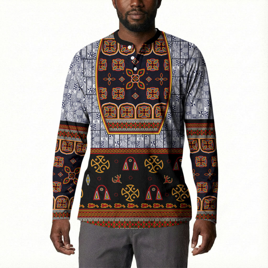 Cameroon Toghu Ethnic Heritage Button Sweatshirt Traditional Bamenda Embroidery Style - African Tribal Motifs