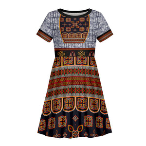 Cameroon Toghu Ethnic Heritage Kid Short Sleeve Dress Traditional Bamenda Embroidery Style - African Tribal Motifs