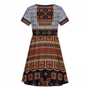 Cameroon Toghu Ethnic Heritage Kid Short Sleeve Dress Traditional Bamenda Embroidery Style - African Tribal Motifs