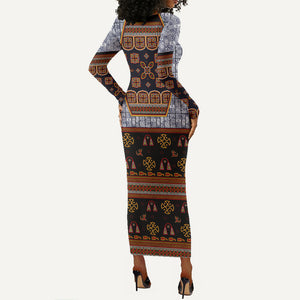 Cameroon Toghu Ethnic Heritage Long Sleeve Bodycon Dress Traditional Bamenda Embroidery Style - African Tribal Motifs