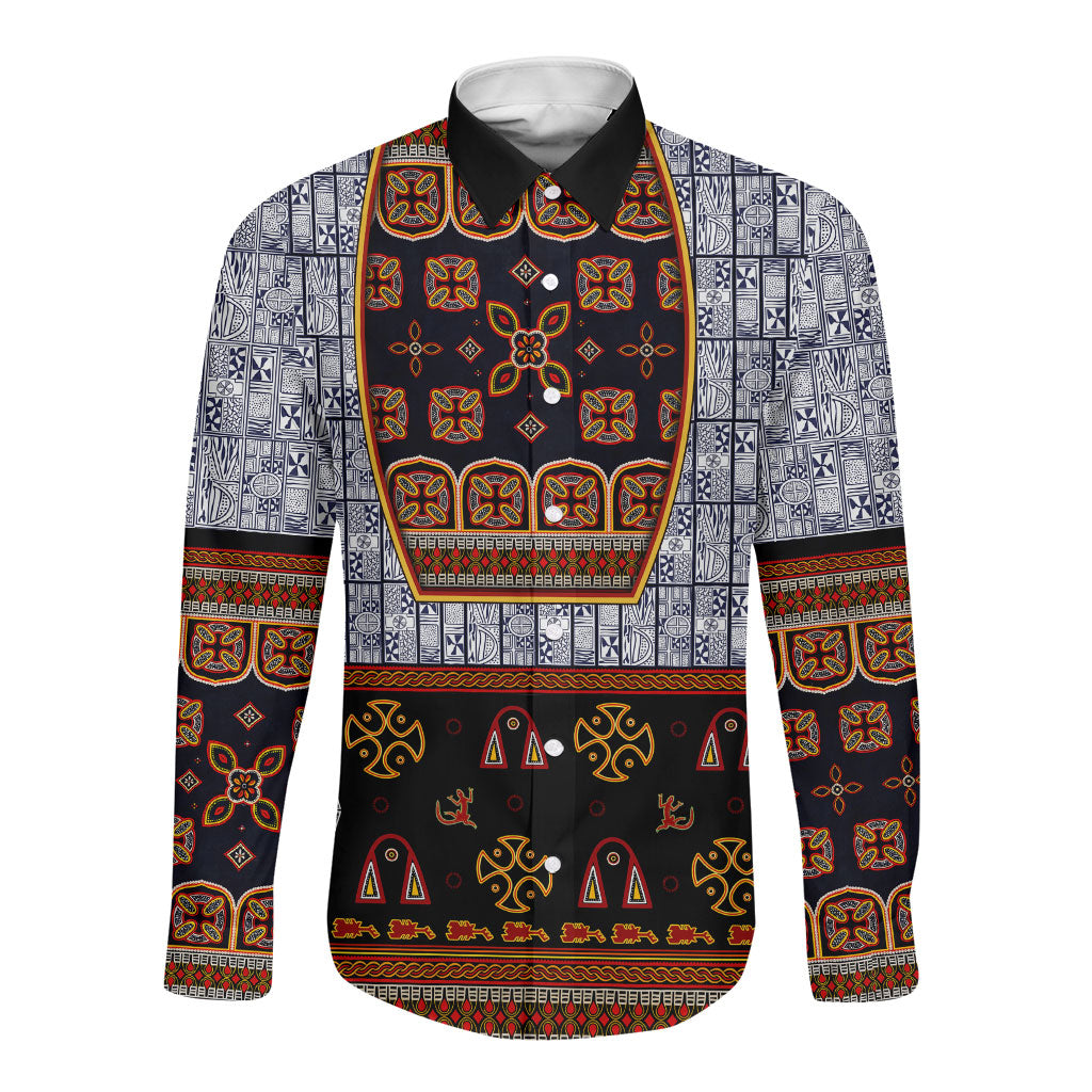 Cameroon Toghu Ethnic Heritage Long Sleeve Button Shirt Traditional Bamenda Embroidery Style - African Tribal Motifs