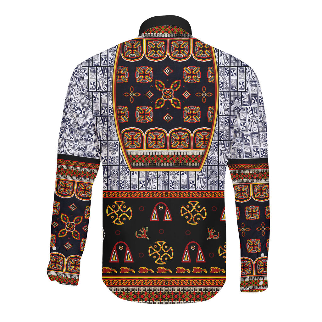 Cameroon Toghu Ethnic Heritage Long Sleeve Button Shirt Traditional Bamenda Embroidery Style - African Tribal Motifs