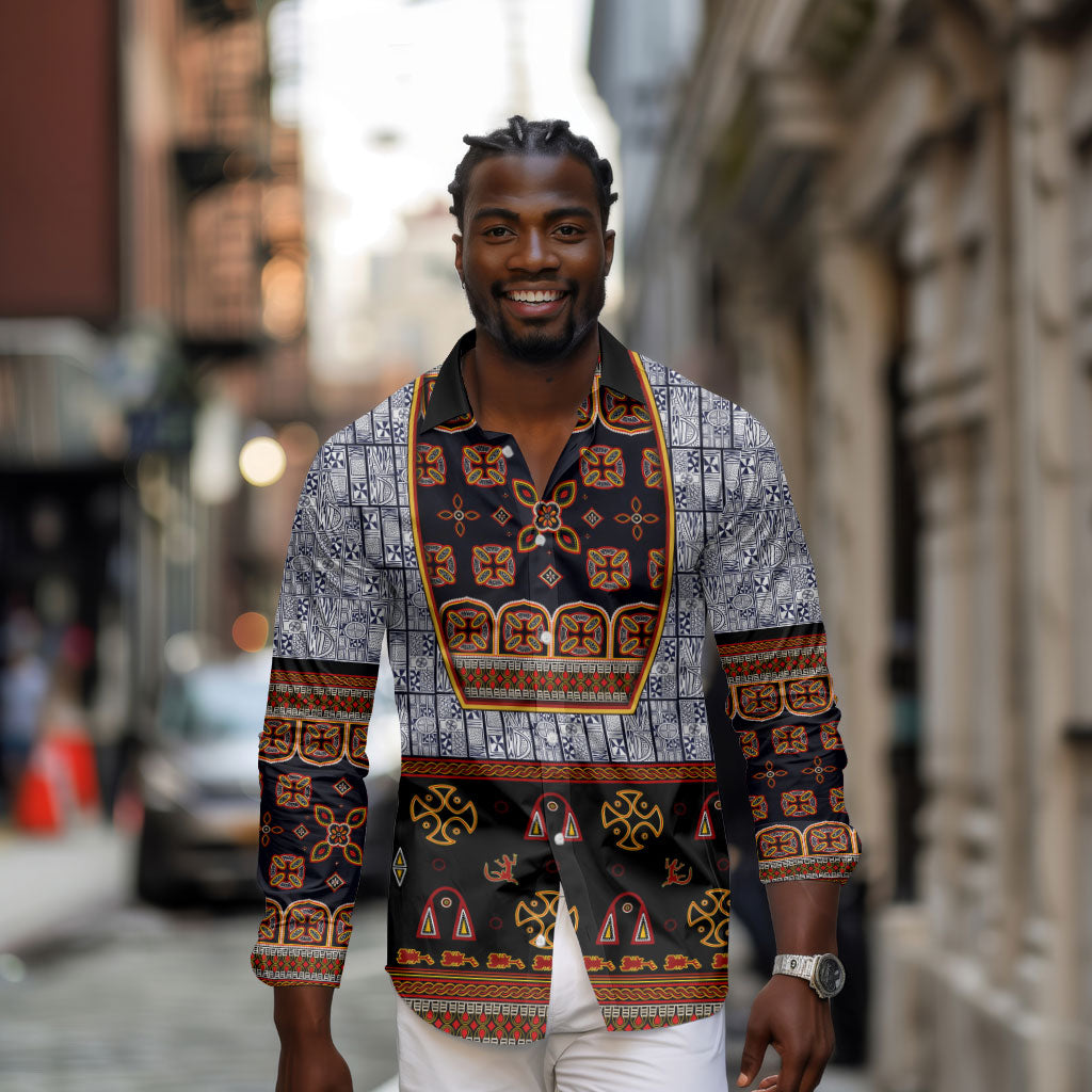Cameroon Toghu Ethnic Heritage Long Sleeve Button Shirt Traditional Bamenda Embroidery Style - African Tribal Motifs