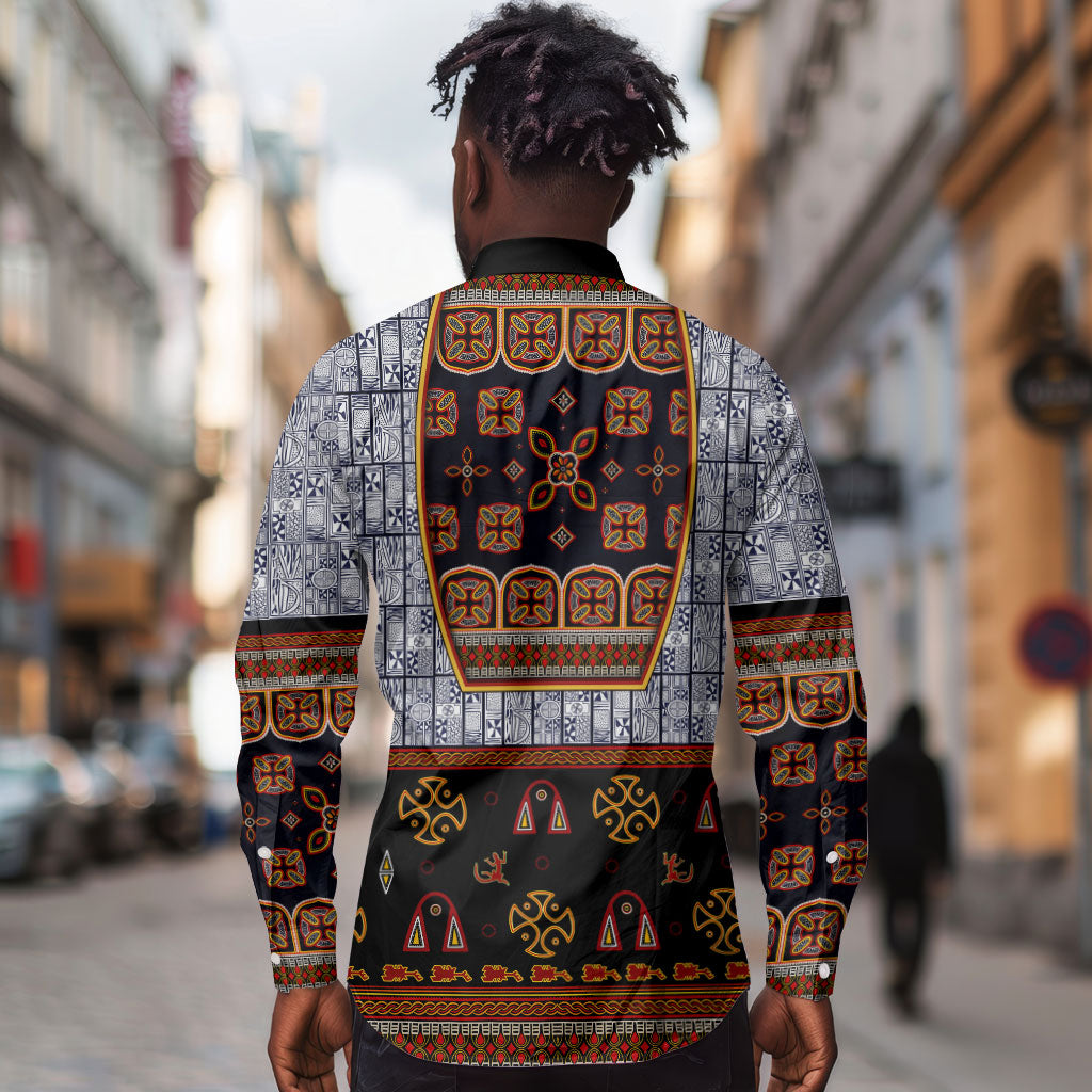 Cameroon Toghu Ethnic Heritage Long Sleeve Button Shirt Traditional Bamenda Embroidery Style - African Tribal Motifs