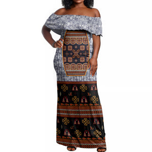 Cameroon Toghu Ethnic Heritage Off Shoulder Maxi Dress Traditional Bamenda Embroidery Style - African Tribal Motifs