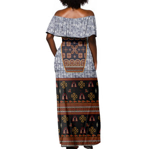 Cameroon Toghu Ethnic Heritage Off Shoulder Maxi Dress Traditional Bamenda Embroidery Style - African Tribal Motifs