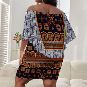 Cameroon Toghu Ethnic Heritage Off Shoulder Short Dress Traditional Bamenda Embroidery Style - African Tribal Motifs