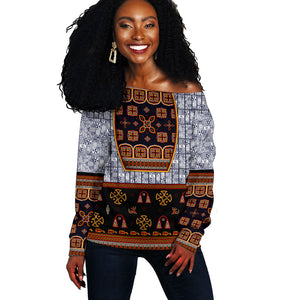 Cameroon Toghu Ethnic Heritage Off Shoulder Sweater Traditional Bamenda Embroidery Style - African Tribal Motifs