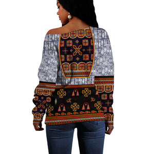 Cameroon Toghu Ethnic Heritage Off Shoulder Sweater Traditional Bamenda Embroidery Style - African Tribal Motifs
