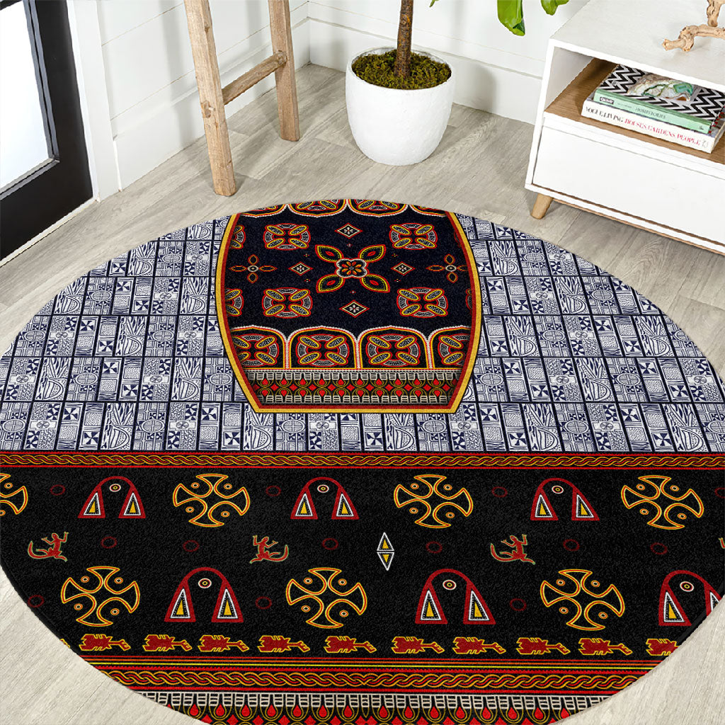 Cameroon Toghu Ethnic Heritage Round Carpet Traditional Bamenda Embroidery Style - African Tribal Motifs