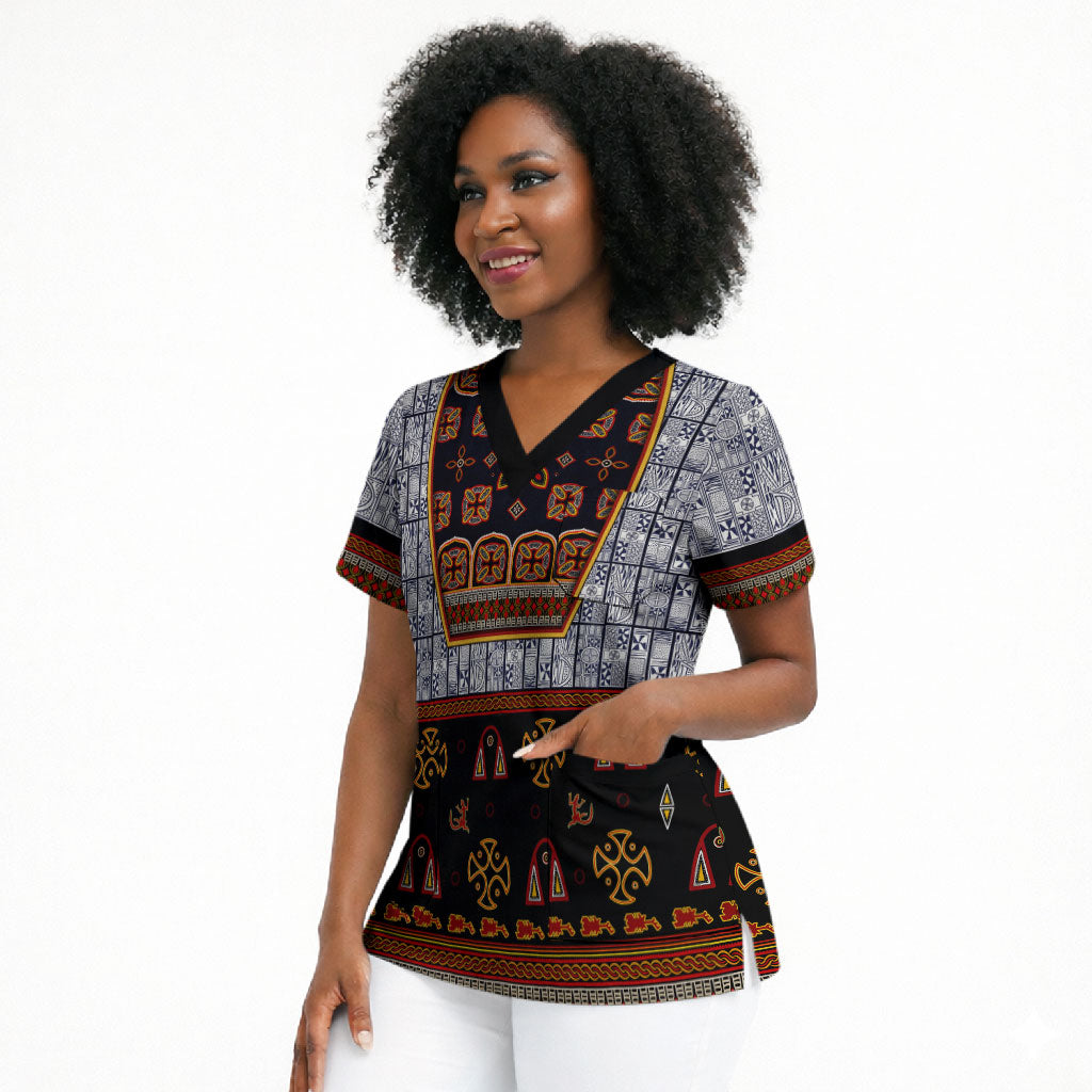Cameroon Toghu Ethnic Heritage Scrub Top Traditional Bamenda Embroidery Style - African Tribal Motifs