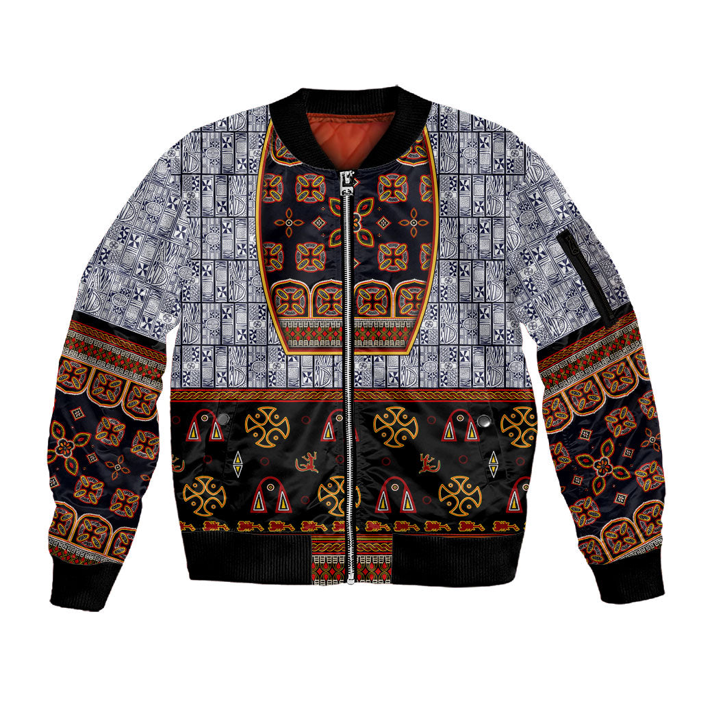 Cameroon Toghu Ethnic Heritage Sleeve Zip Bomber Jacket Traditional Bamenda Embroidery Style - African Tribal Motifs