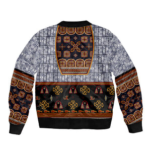 Cameroon Toghu Ethnic Heritage Sleeve Zip Bomber Jacket Traditional Bamenda Embroidery Style - African Tribal Motifs