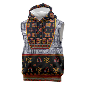 Cameroon Toghu Ethnic Heritage Sleeveless Hoodie Traditional Bamenda Embroidery Style - African Tribal Motifs