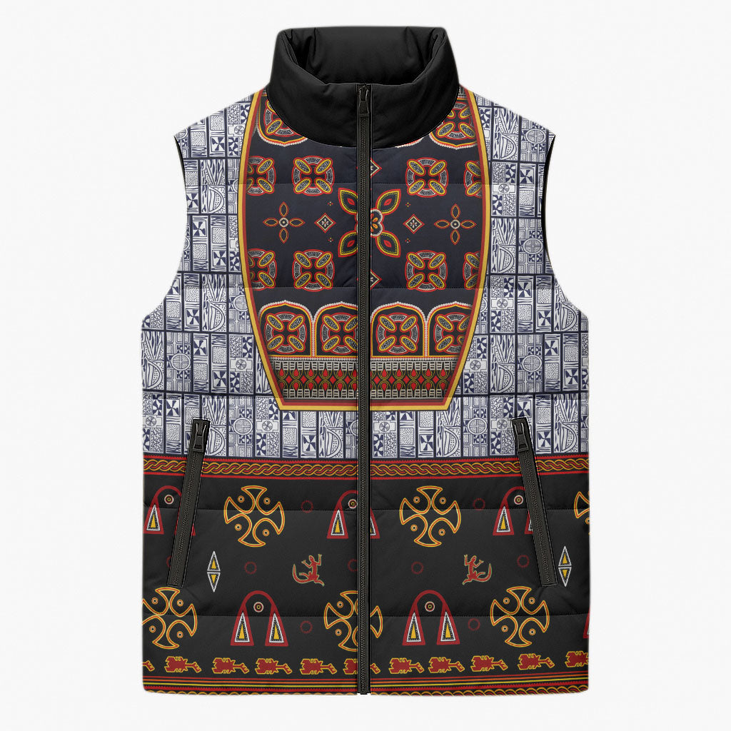 Cameroon Toghu Ethnic Heritage Sleeveless Puffer Jacket Traditional Bamenda Embroidery Style - African Tribal Motifs