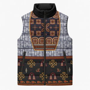 Cameroon Toghu Ethnic Heritage Sleeveless Puffer Jacket Traditional Bamenda Embroidery Style - African Tribal Motifs