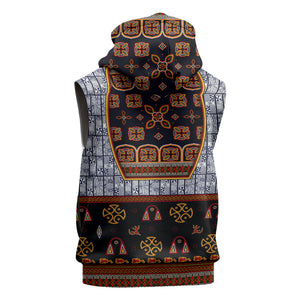 Cameroon Toghu Ethnic Heritage Sleeveless Zip Hoodie Traditional Bamenda Embroidery Style - African Tribal Motifs