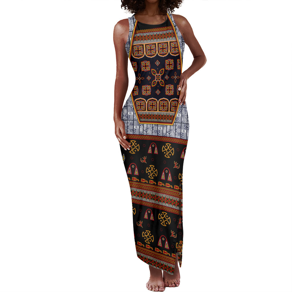 Cameroon Toghu Ethnic Heritage Tank Maxi Dress Traditional Bamenda Embroidery Style - African Tribal Motifs
